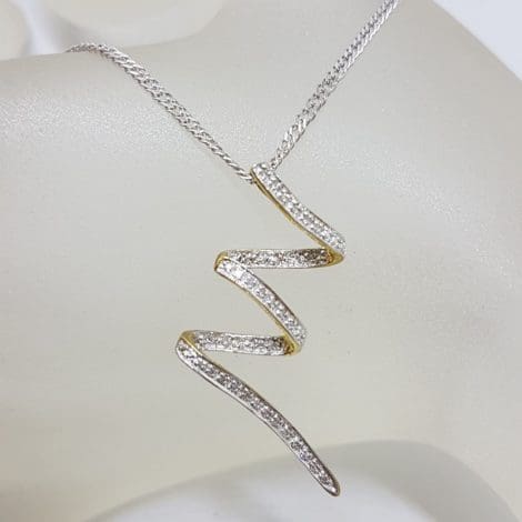 9ct White Gold Long Diamond Zig Zag / Lightning Bolt Pendant on Gold Chain