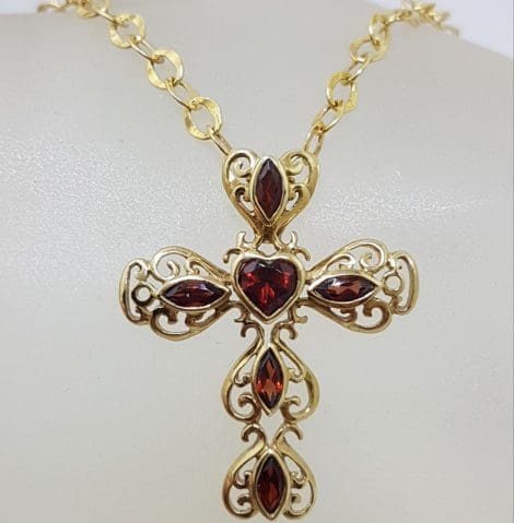 9ct Yellow Gold Large Ornate Filigree Garnet Cross / Crucifix Pendant on Gold Chain