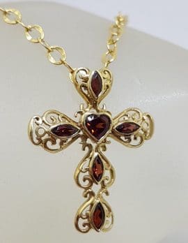 9ct Yellow Gold Large Ornate Filigree Garnet Cross / Crucifix Pendant on Gold Chain
