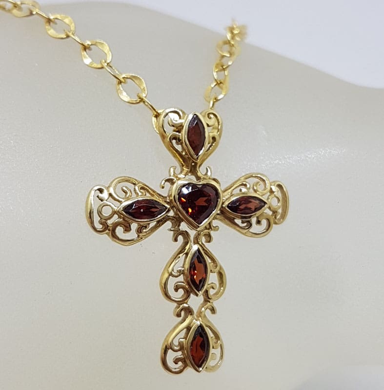 9ct Yellow Gold Large Ornate Filigree Garnet Cross / Crucifix Pendant on Gold Chain