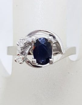 18ct White Gold Oval Natural Sapphire With Diamonds Curved Twist Design Ring - Antique / Vintage