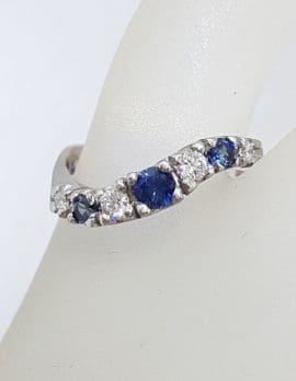 18ct White Gold Natural Sapphire and Diamond Curved Wave Shape Ring - Antique / Vintage