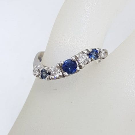 18ct White Gold Natural Sapphire and Diamond Curved Wave Shape Ring - Antique / Vintage