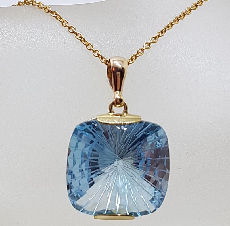 9ct Yellow Gold Large Square Laser Cut Blue Topaz Pendant on 9ct Chain