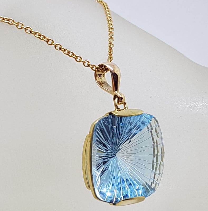 9ct Yellow Gold Large Square Laser Cut Blue Topaz Pendant on 9ct Chain