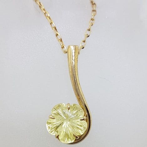 9ct Yellow Gold Carved Lemon Citrine Long Drop Flower Pendant on Gold Chain
