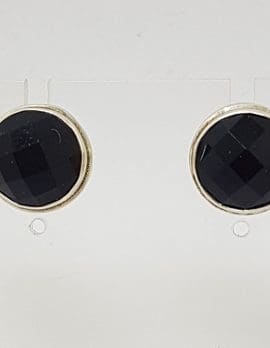 Sterling Silver Round Faceted Bezel Set Onyx Studs / Earrings