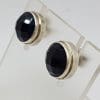 Sterling Silver Round Faceted Bezel Set Onyx Studs / Earrings