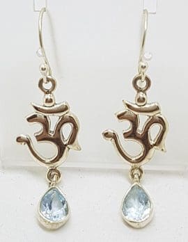 Sterling Silver Blue Topaz with Om Symbol Long Drop Earrings