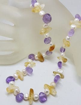 Pearl, Citrine and Amethyst Bead Necklace with Sterling Silver Clasp