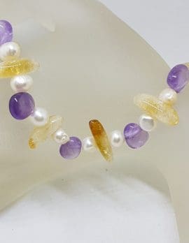 Pearl, Citrine and Amethyst Bead Necklace with Sterling Silver Clasp