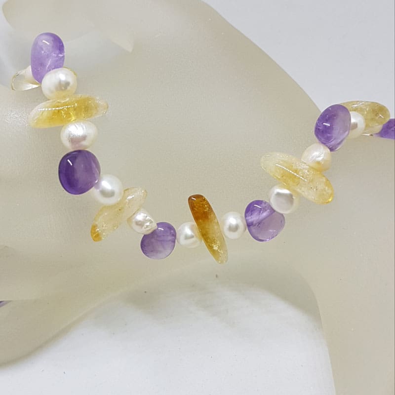Pearl, Citrine and Amethyst Bead Necklace with Sterling Silver Clasp