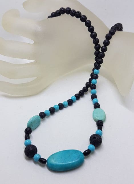 Blue with Black Lava Bead Necklace - Sterling Silver Clasp