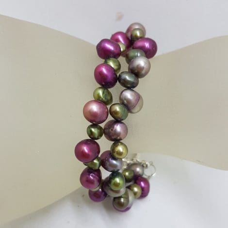 Sterling Silver Clasp on Multi-Colour Freshwater Pearl 2 Row Bead Bracelet
