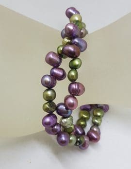 Sterling Silver Clasp on Purple and Green Freshwater Pearl 2 Row Bead Bracelet