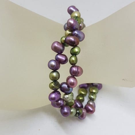 Sterling Silver Clasp on Purple and Green Freshwater Pearl 2 Row Bead Bracelet