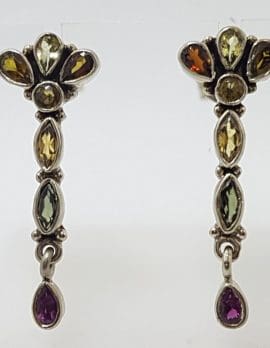Sterling Silver Multi-Colour Gemstone Long Drop Earrings - Garnet, Citrine, Peridot and Amethyst