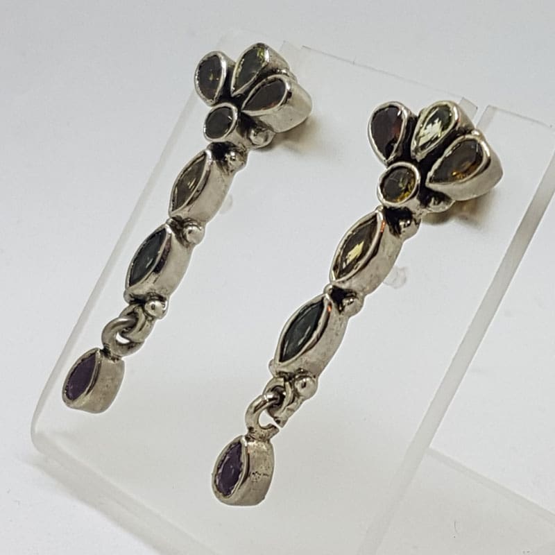 Sterling Silver Multi-Colour Gemstone Long Drop Earrings - Garnet, Citrine, Peridot and Amethyst