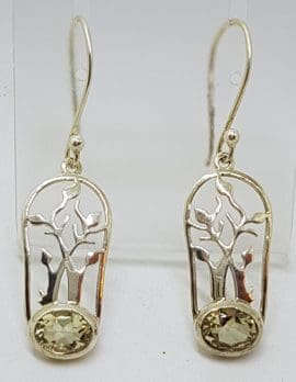 Sterling Silver Citrine Oval Ornate Tree of Life Drop Earrings
