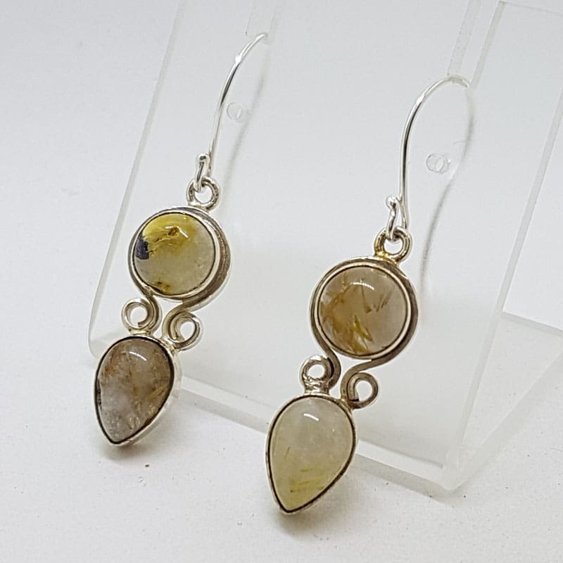 Sterling Silver Rutilated Quartz Round and Teardrop / Pear Shape Drop Earrings