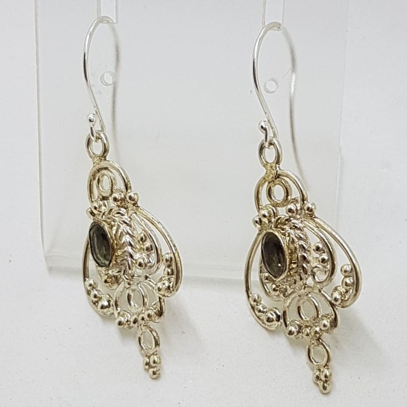 Sterling Silver Citrine Large and Long Ornate Filigree Drop Earrings