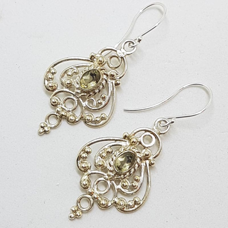 Sterling Silver Citrine Large and Long Ornate Filigree Drop Earrings