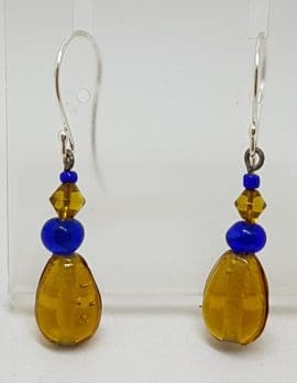 Sterling Silver Amber Bead and Blue Drop Earrings