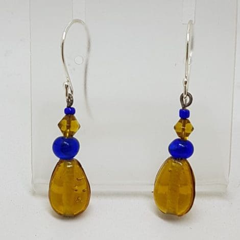 Sterling Silver Amber Bead and Blue Drop Earrings