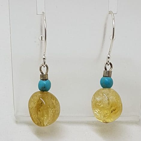 Sterling Silver Citrine Bead and Blue Drop Earrings