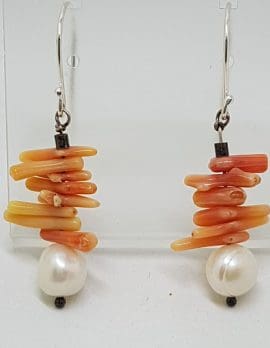 Sterling Silver Coral Bead and Pearl Drop Earrings
