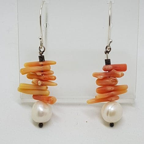 Sterling Silver Coral Bead and Pearl Drop Earrings