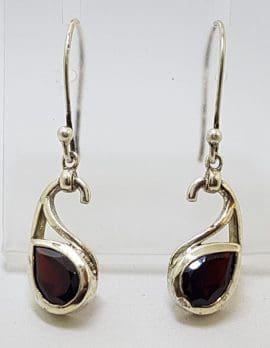 Sterling Silver Teardrop / Pear Shape Garnet Twist Drop Earrings