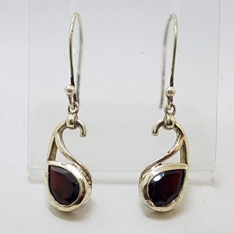 Sterling Silver Teardrop / Pear Shape Garnet Twist Drop Earrings