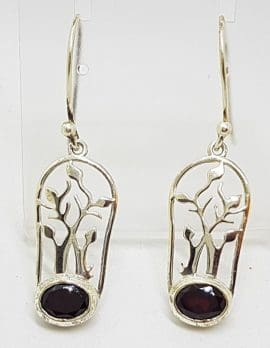Sterling Silver Oval Garnet Tree of Life Design Long Drop Earrings