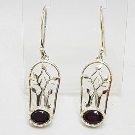 Sterling Silver Oval Garnet Tree of Life Design Long Drop Earrings