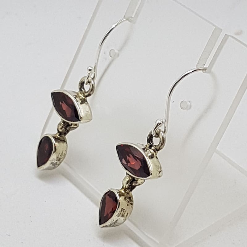 Sterling Silver Marquis and Teardrop / Pear Shape Garnet Long Leaf Shape Drop Earrings