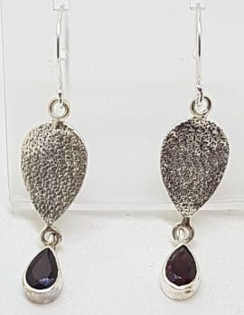 Sterling Silver Teardrop / Pear Shape Garnet Long Patterned Drop Earrings