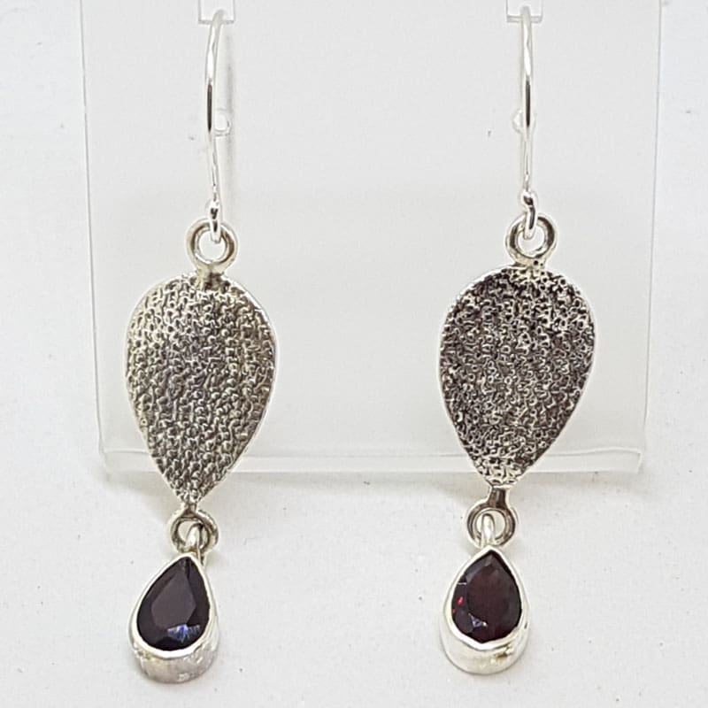Sterling Silver Teardrop / Pear Shape Garnet Long Patterned Drop Earrings
