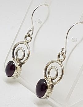 Sterling Silver Garnet Cabochon Cut Circle Design Drop Earrings