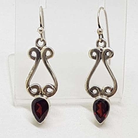 Sterling Silver Teardrop / Pear Shape Garnet Ornate Drop Earrings