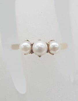 9ct Yellow Gold Trilogy Pearl Ring - Vintage / Antique