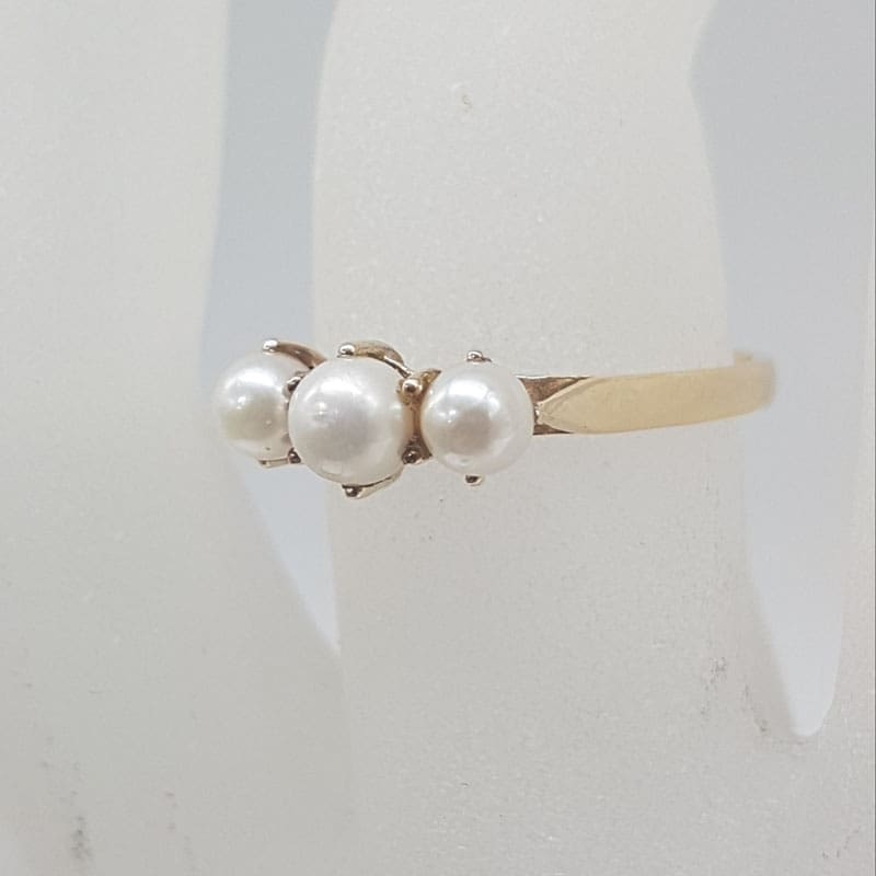 9ct Yellow Gold Trilogy Pearl Ring - Vintage / Antique