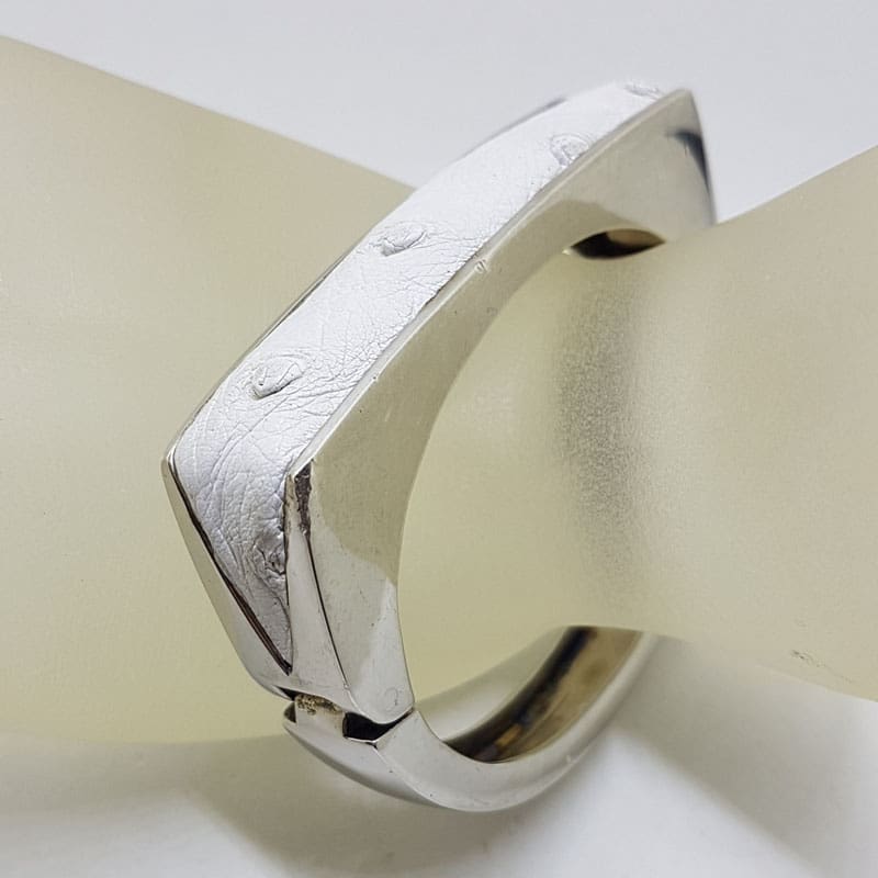 Sterling Silver Heavy Ostrich Leather White Rectangular Hinged Bangle - Unique Sterling Silver Heavy Ostrich Leather White Rectangular Hinged Bangle - Unique