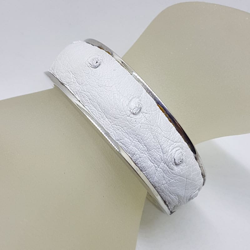 Sterling Silver Heavy Ostrich Leather White Oval Hinged Bangle - Unique