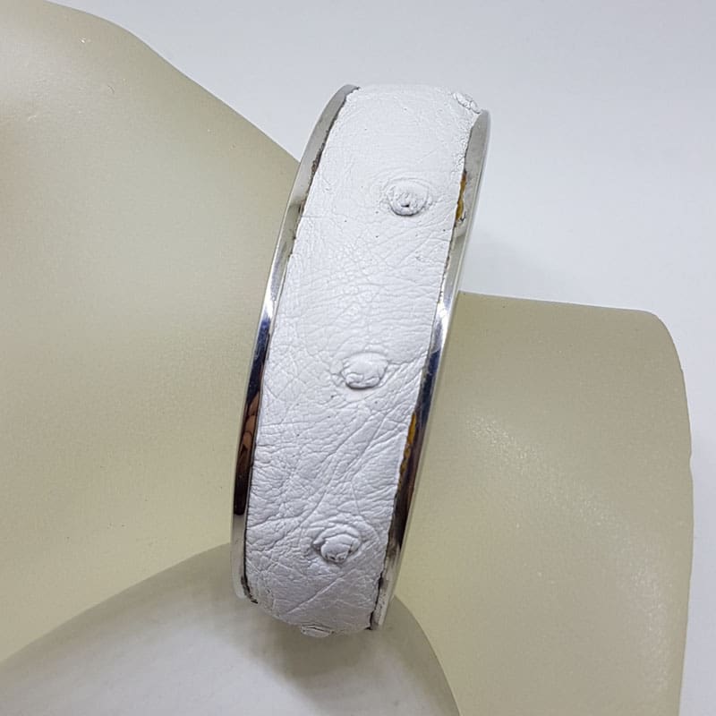 Sterling Silver Heavy Ostrich Leather White Oval Hinged Bangle - Unique