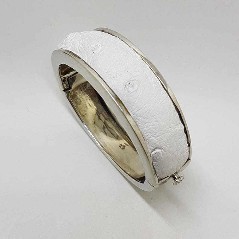Sterling Silver Heavy Ostrich Leather White Oval Hinged Bangle - Unique Sterling Silver Heavy Ostrich Leather White Oval Hinged Bangle - Unique