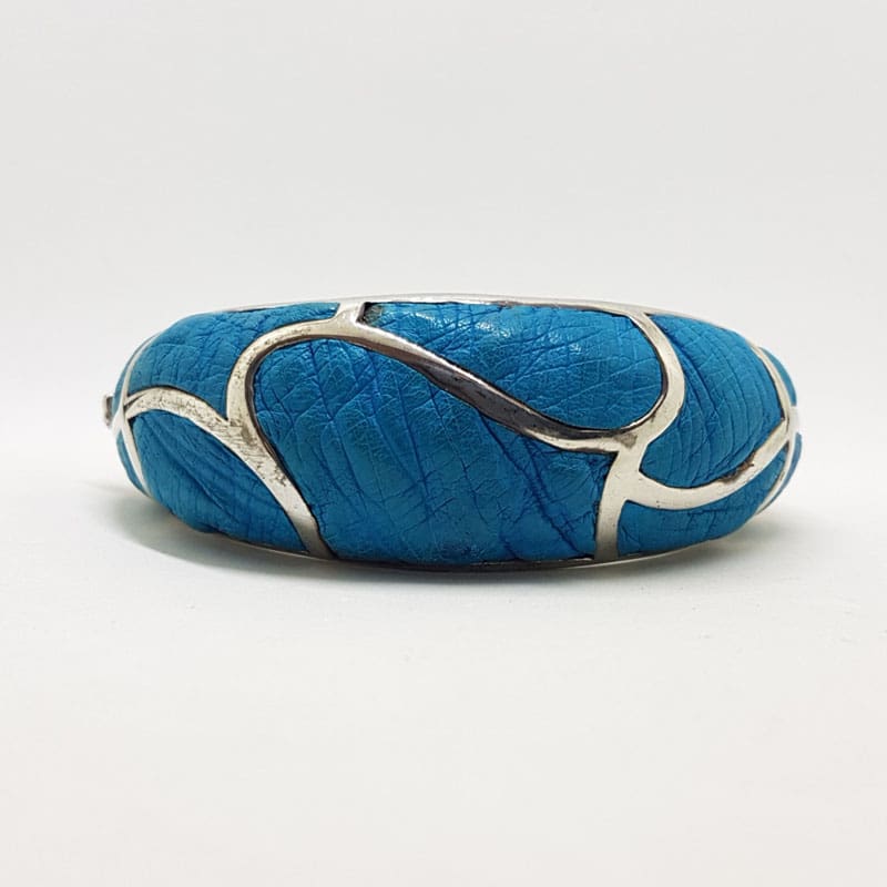 Sterling Silver Heavy Ostrich Leather Blue Oval Hinged Bangle with Wave Motif - Unique