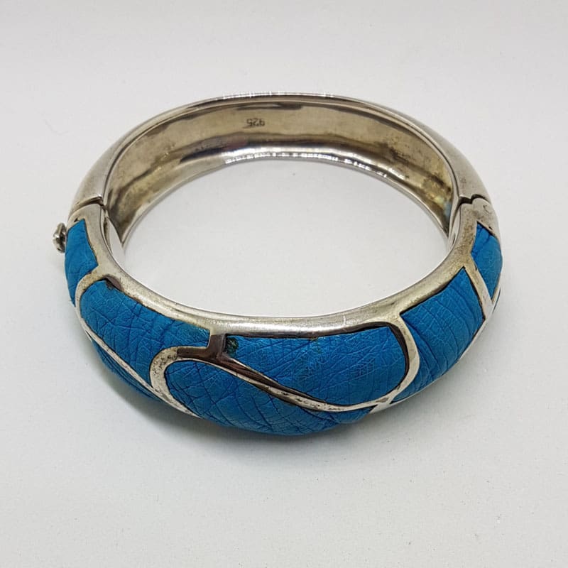 Sterling Silver Heavy Ostrich Leather Blue Oval Hinged Bangle with Wave Motif - Unique