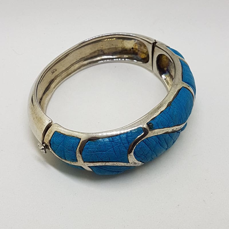 Sterling Silver Heavy Ostrich Leather Blue Oval Hinged Bangle with Wave Motif - Unique
