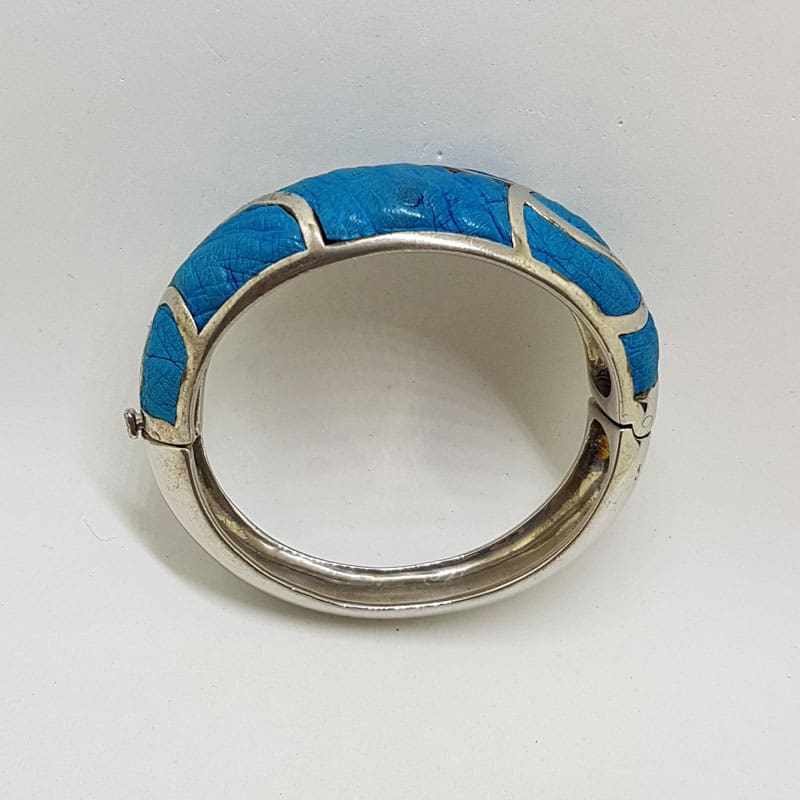 Sterling Silver Heavy Ostrich Leather Blue Oval Hinged Bangle with Wave Motif - Unique